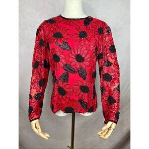 Vintage 1980 Oleg Cassini Beaded Top Designer Poppy Flower 100% Silk Size M RARE